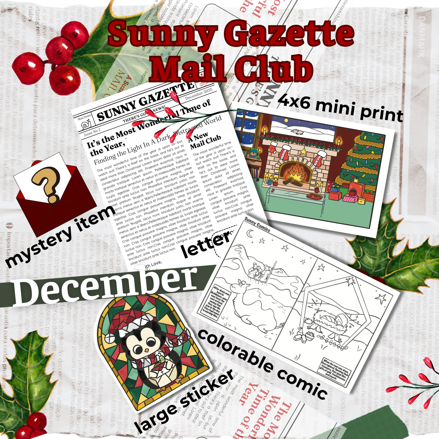 Image showing available products for the monthly subscription (stickers, prints, and mystery items)